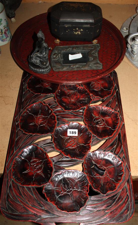 Oriental lacquer wares, bronze Buddha, dragon photo frame